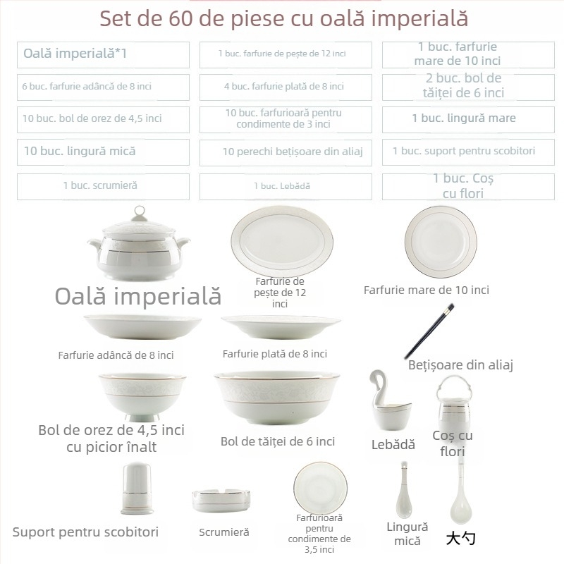 Set de veselă din porțelan de os – farfurii ceramice și boluri mici pentru bucătărie, design modern simplu