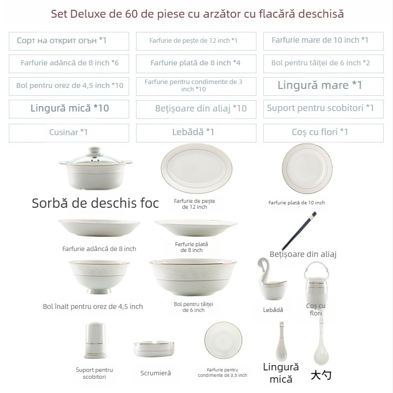 Set de veselă din porțelan de os – farfurii ceramice și boluri mici pentru bucătărie, design modern simplu