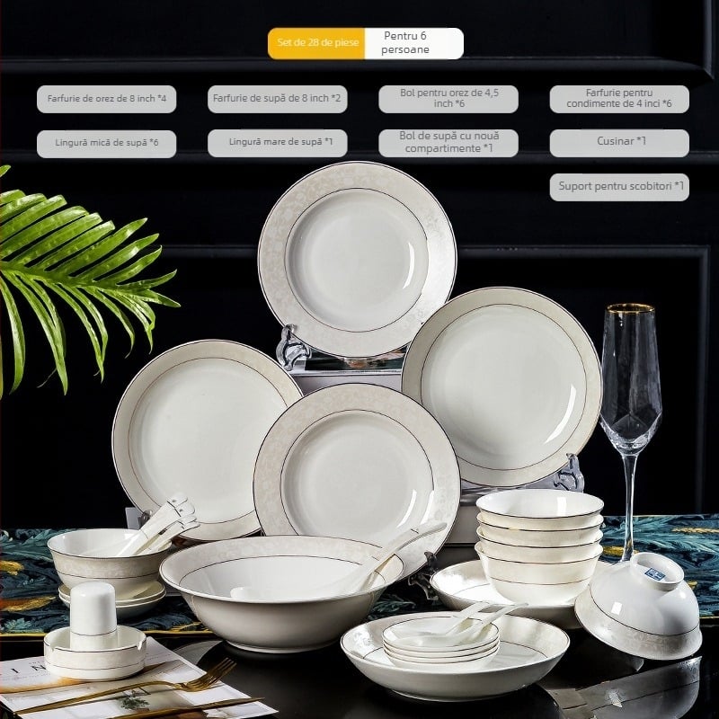 Set de veselă din porțelan de os – farfurii ceramice și boluri mici pentru bucătărie, design modern simplu