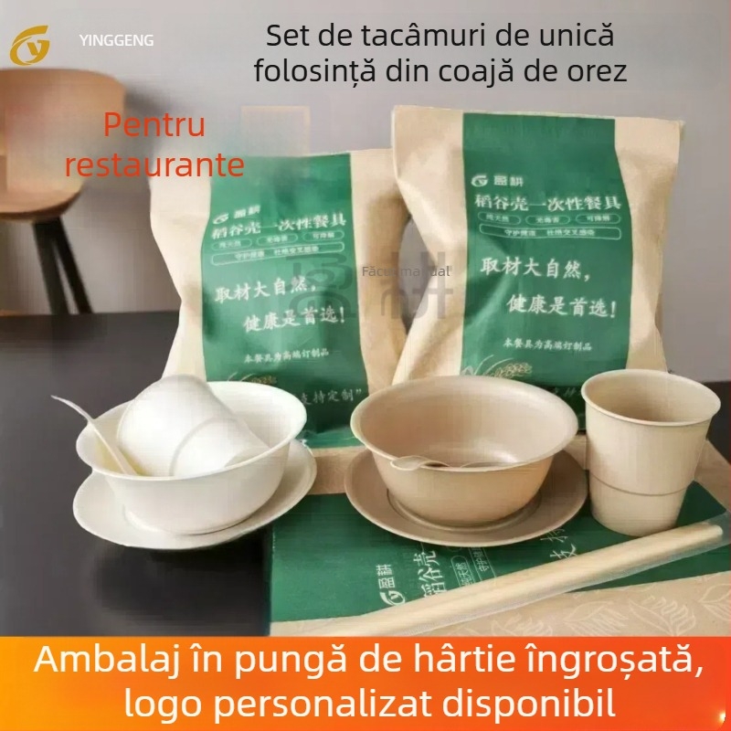 Yinggeng Vesă de unică folosință din coji de orez – set de patru piese cu pahare, boluri, farfurii, bețișoare și bol de orez pentru restaurant