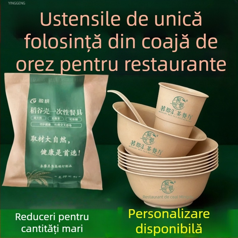 Yinggeng Vesă de unică folosință din coji de orez – set de patru piese cu pahare, boluri, farfurii, bețișoare și bol de orez pentru restaurant