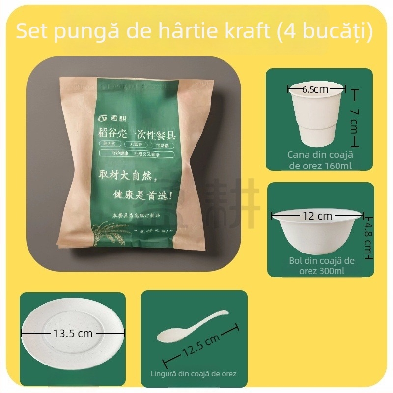 Yinggeng Vesă de unică folosință din coji de orez – set de patru piese cu pahare, boluri, farfurii, bețișoare și bol de orez pentru restaurant