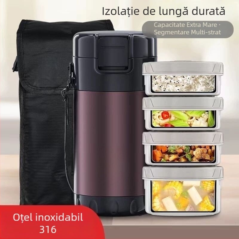 Cutie de prânz din oțel inoxidabil 316, izolație în vid, capacitate mare, 3-4 niveluri, Bento, portabil pentru elevi