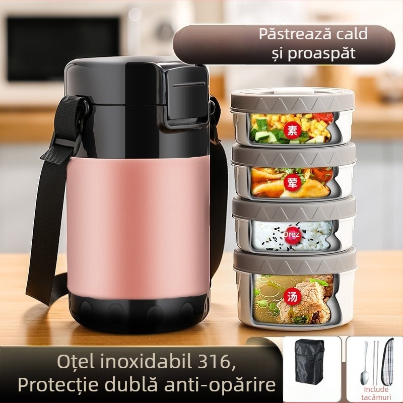 Cutie de prânz din oțel inoxidabil 316, izolație în vid, capacitate mare, 3-4 niveluri, Bento, portabil pentru elevi