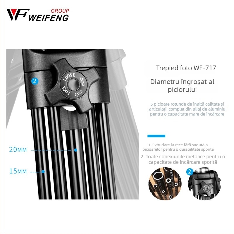 Weifeng WF717 trepied din aluminiu cu cap pan-tilt hidraulic, înălțime 1,8 m