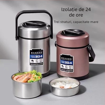 Cutie de prânz izolată din oțel inoxidabil, capacitate mare, cutie Bento cu trei niveluri, portabilă pentru adulți și elevi
