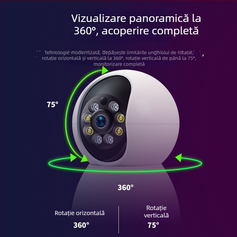 Cameră wireless inteligentă pentru casă, cu rezoluție HD, Wi‑Fi, intercom vocal la distanță, monitorizare și înregistrare