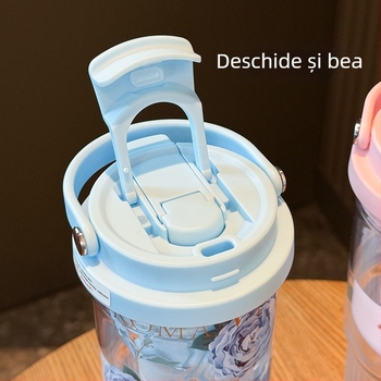 Sticlă de apă pentru sport cu pai, capacitate mare, vas plastic cu dublă utilizare, portabil pentru mașină