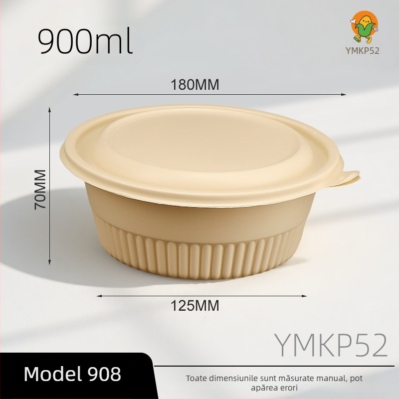 Castron rotund biodegradabil din Amidum porumb, 900 ml, recipient alimentar ecologic pentru mâncare la pachet