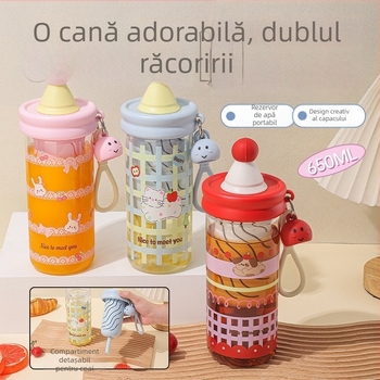 Pahar din plastic cu pai pentru fete, anti-cădere, portabil, ușor, capacitate mare, recipient de apă pentru sport