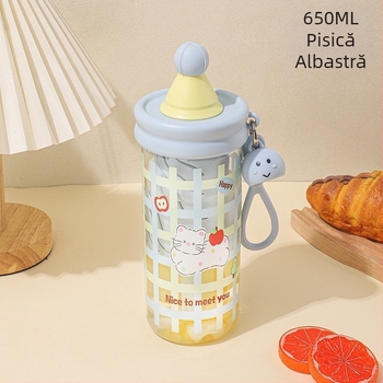 Pahar din plastic cu pai pentru fete, anti-cădere, portabil, ușor, capacitate mare, recipient de apă pentru sport