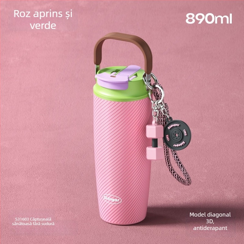 Cană termoizolantă din oțel inoxidabil cu pai, capacitate mare, cană de apă portabilă, interior 304, capac din 316, curea pentru transport, izolație 6–12 ore
