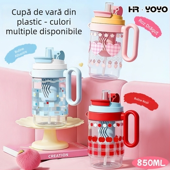 Pahar de apă de vară, senzație discretă de lux, pahar din plastic cu pai dublu, capacitate mare
