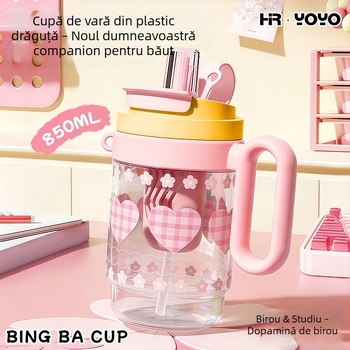 Pahar de apă de vară, senzație discretă de lux, pahar din plastic cu pai dublu, capacitate mare