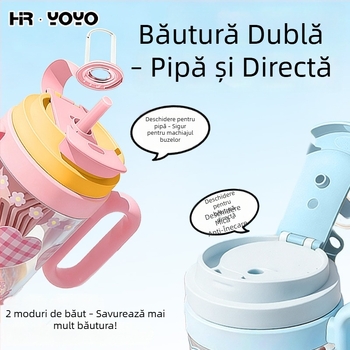Pahar de apă de vară, senzație discretă de lux, pahar din plastic cu pai dublu, capacitate mare