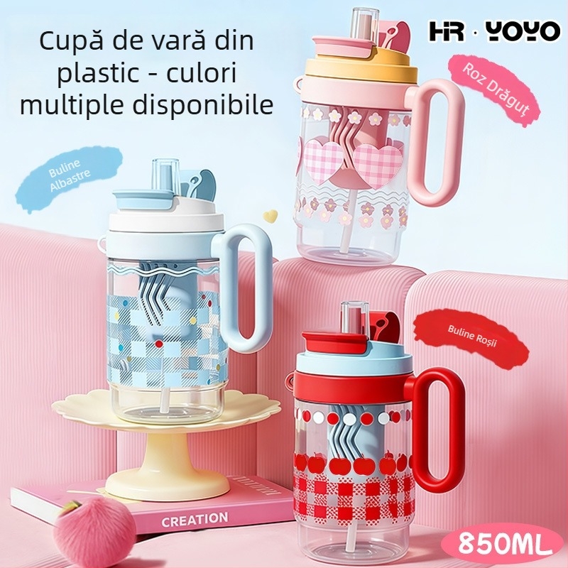 Pahar de apă de vară, senzație discretă de lux, pahar din plastic cu pai dublu, capacitate mare