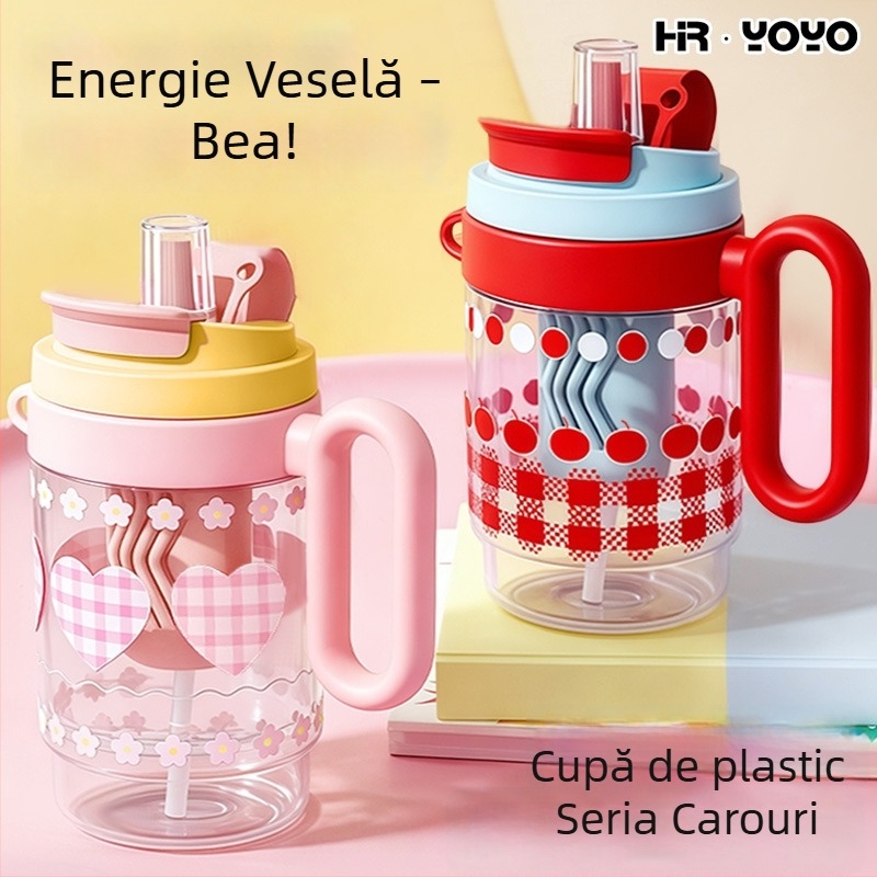 Pahar de apă de vară, senzație discretă de lux, pahar din plastic cu pai dublu, capacitate mare
