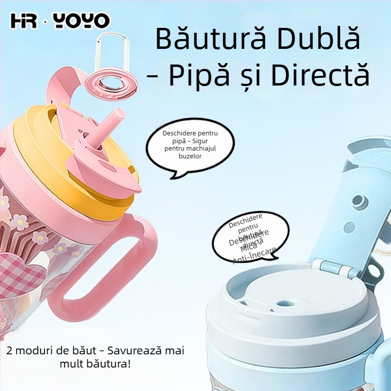 Pahar de apă de vară, senzație discretă de lux, pahar din plastic cu pai dublu, capacitate mare