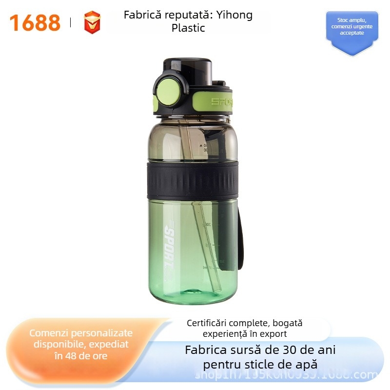 Sticlă de apă cu capacitate mare, culoare gradientă, unisex, cu scară de măsurare, recipient sport din plastic, cu pai, portabil