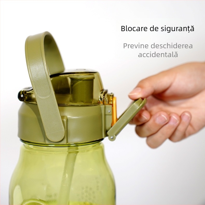 Sticlă de apă sport din plastic, 2000 ml, capacitate mare, cu pai, corp lat, pentru activități în aer liber