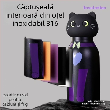 Cană termos din oțel inoxidabil 316, design pisică desen animat, portabil pentru activități în aer liber, pentru elevi