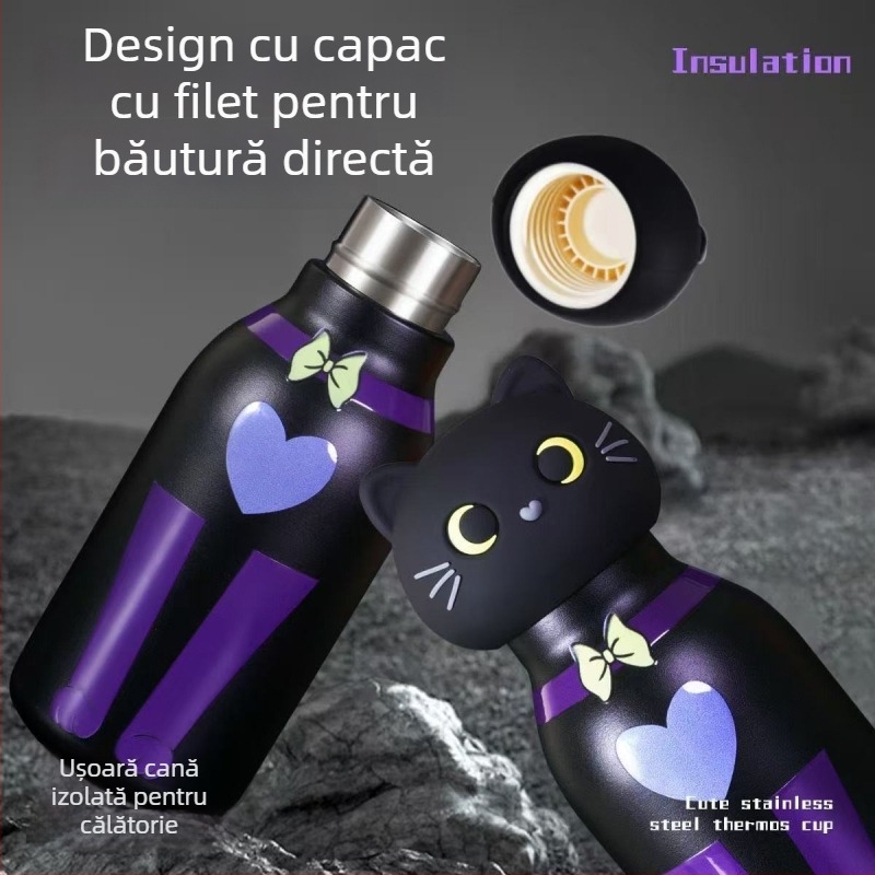Cană termos din oțel inoxidabil 316, design pisică desen animat, portabil pentru activități în aer liber, pentru elevi