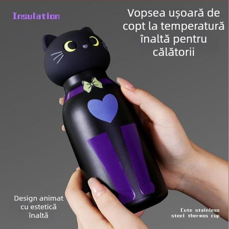 Cană termos din oțel inoxidabil 316, design pisică desen animat, portabil pentru activități în aer liber, pentru elevi