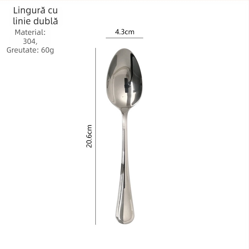 Lingură de masă din oțel inoxidabil 304, design modern minimalist, mâner rotund cu două linii, pentru cantină sau restaurant