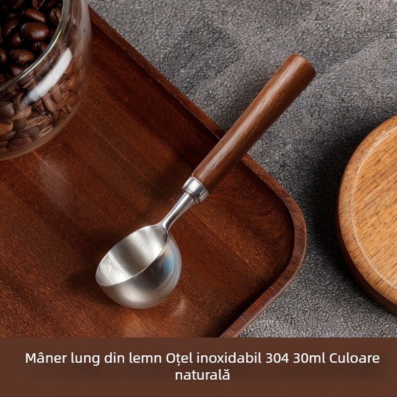 Lingură de cafea cu mâner din nuc, lingură de măsurare a boabelor de cafea, oțel inoxidabil 304
