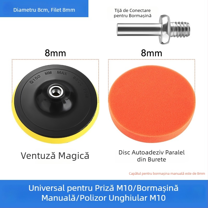 Kit auto de lustruire cu polizor atașat la bormașină, role din burete autoadezive, bilă de lână pentru lustruit și discuri de lustruire pentru zgârieturi