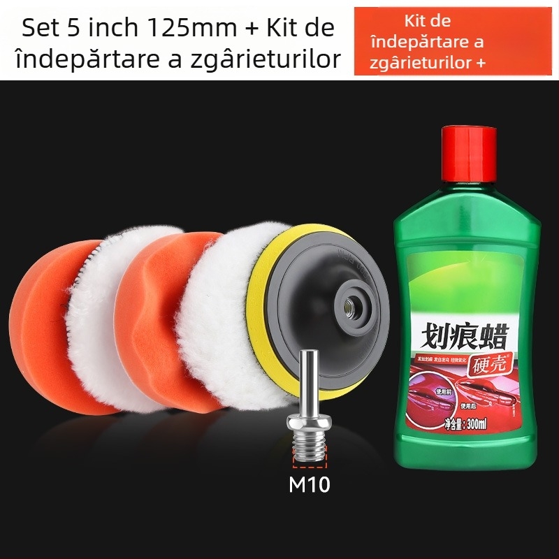 Kit auto de lustruire cu polizor atașat la bormașină, role din burete autoadezive, bilă de lână pentru lustruit și discuri de lustruire pentru zgârieturi