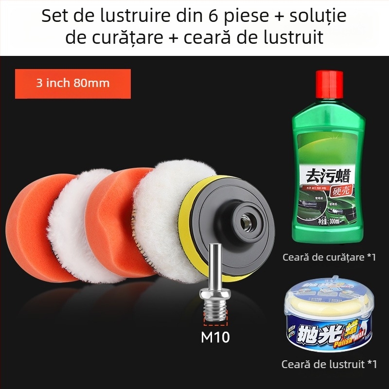 Kit auto de lustruire cu polizor atașat la bormașină, role din burete autoadezive, bilă de lână pentru lustruit și discuri de lustruire pentru zgârieturi