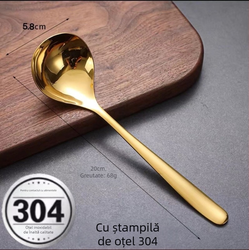 Lingură de supă din oțel inoxidabil 304, stil coreean cu mâner lung, mare pentru servire supă și tăiței