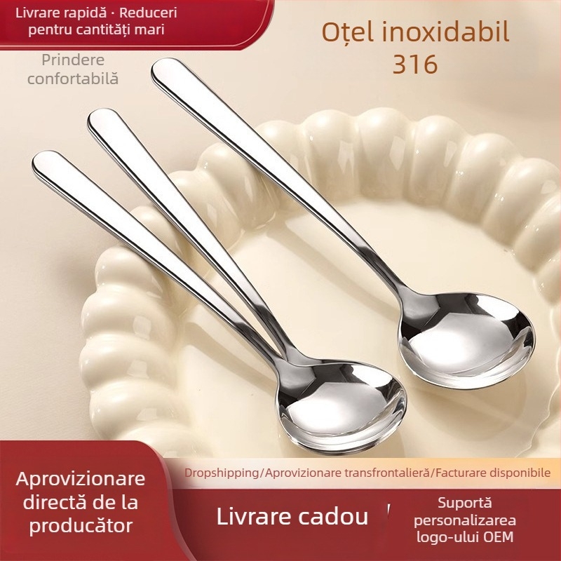 Lingură rotundă din oțel inoxidabil 316, rafinată și elegantă în stil coreean, lingură de bucătărie pentru mâncare și supă, cu mâner îngroșat