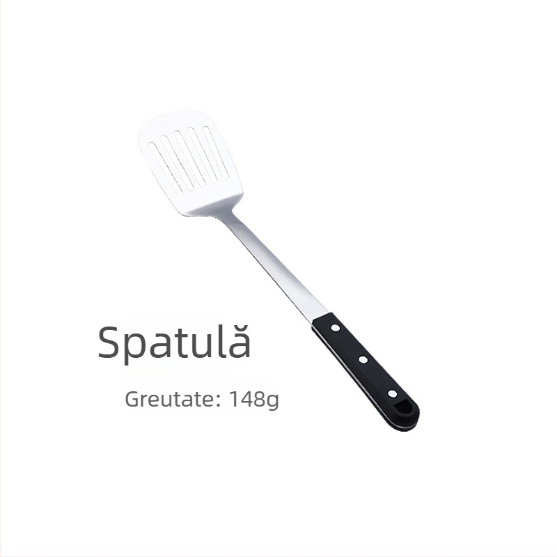 Set de ustensile de bucătărie din oțel inoxidabil, finisaj perla neagră, inclus linguri groase pentru oale și supă, strecurătoare pentru oale fierbinți și spatulă pentru prăjit.
