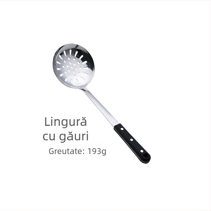 Set de ustensile de bucătărie din oțel inoxidabil, finisaj perla neagră, inclus linguri groase pentru oale și supă, strecurătoare pentru oale fierbinți și spatulă pentru prăjit.