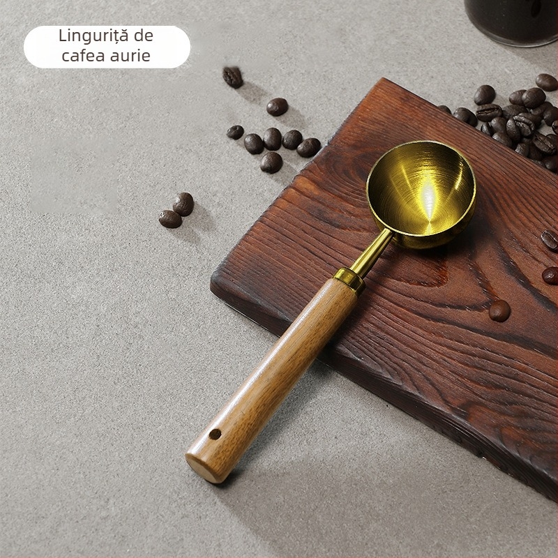 Nouă lingură de măsurare din oțel inoxidabil 430, cu cap rotund, mâner din lemn – ustensilă de bucătărie pentru măsurarea boabelor de cafea și a laptelui pudră