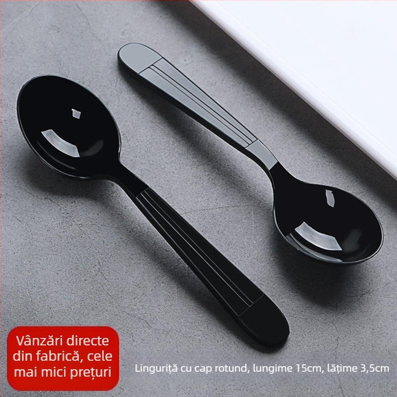 Lingură din plastic, unică, stil occidental, cu cap rotund, neagră, pentru takeaway și fast-food