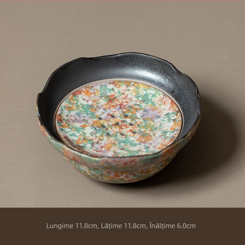 Ceainic ceramic cu nuanțe minerale, însoțit de tavă pentru accesorii ale setului de ceai ceremonial, tavă uscată și tavă pentru prăjituri
