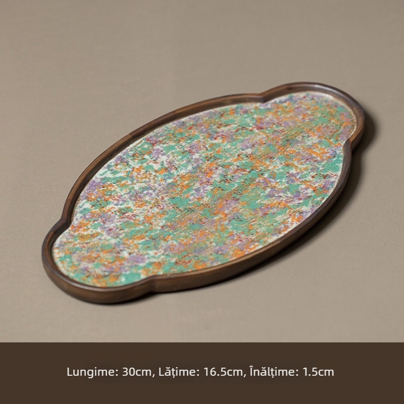 Ceainic ceramic cu nuanțe minerale, însoțit de tavă pentru accesorii ale setului de ceai ceremonial, tavă uscată și tavă pentru prăjituri