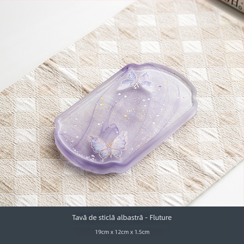 Tăviță de ceai din sticlă în stil chinezesc, mică tavă cu model fluture, accesorii Gongfu pentru ceai, suport pentru ceainic, pentru acasă și exterior