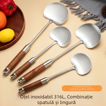 Spatulă de bucătărie din oțel inoxidabil 304, mâner extins din lemn anti-arzire, spatulă cu găuri pentru prăjit