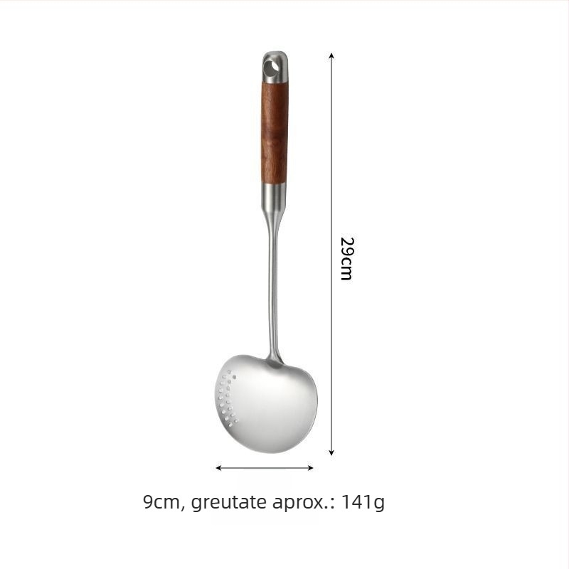 Spatulă de bucătărie din oțel inoxidabil 304, mâner extins din lemn anti-arzire, spatulă cu găuri pentru prăjit