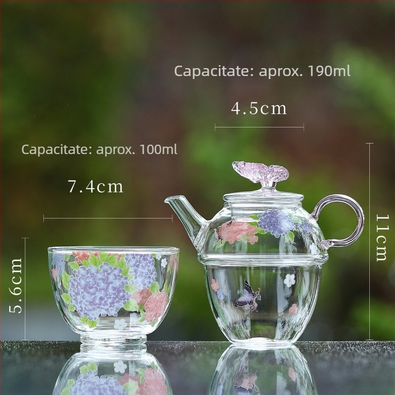 Ceașcă de ceai din sticlă termorezistentă, cu picior înalt, decor manual cu hortensie, pentru ceai verde, folosire acasă