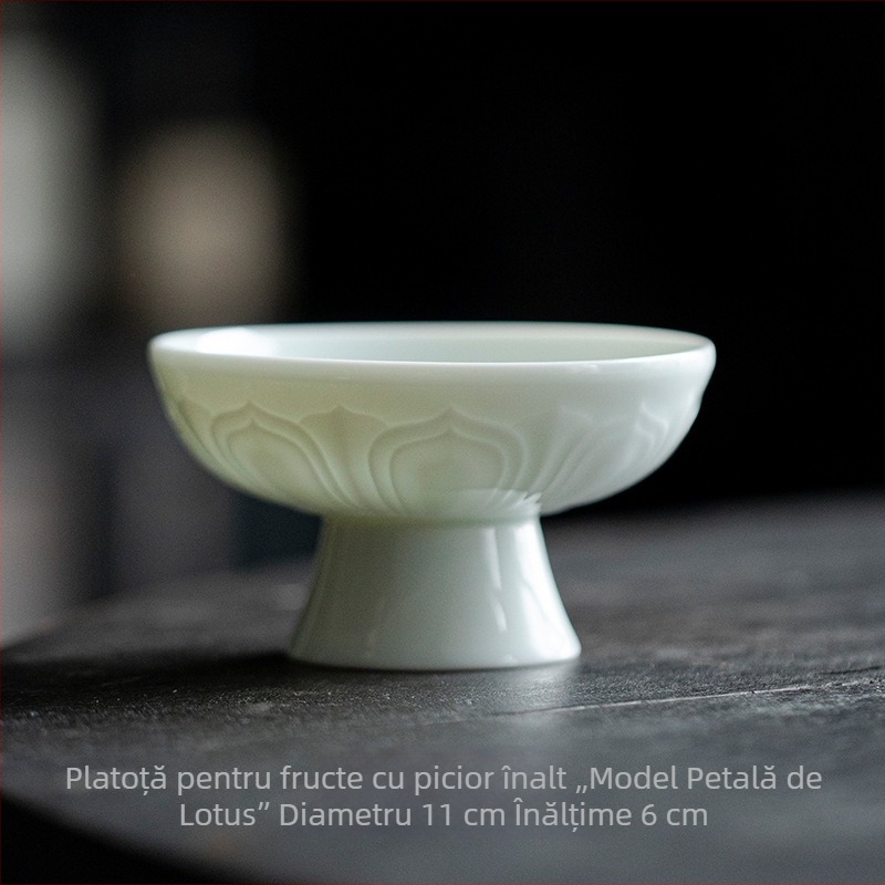 Farfurie înaltă pentru fructe, ceramică verde cu relief, pentru spațiu Zen de ceai și accesorii pentru ceremonia ceaiului