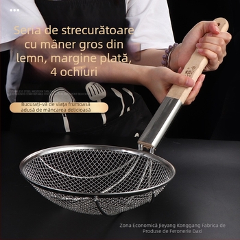 Sei de strecurare mare din oțel inoxidabil, cu mâner din lemn, pentru prăjit și scurgere