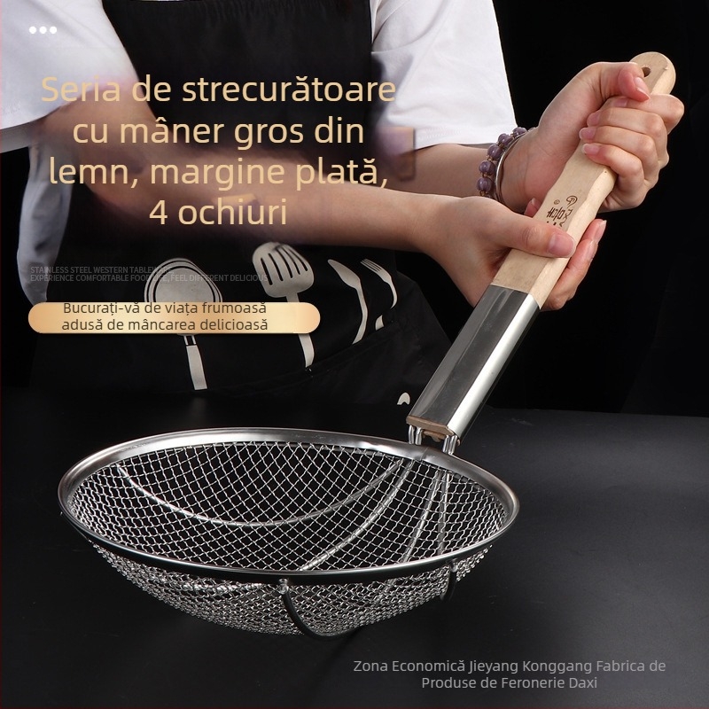 Sei de strecurare mare din oțel inoxidabil, cu mâner din lemn, pentru prăjit și scurgere