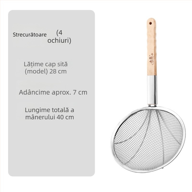 Sei de strecurare mare din oțel inoxidabil, cu mâner din lemn, pentru prăjit și scurgere