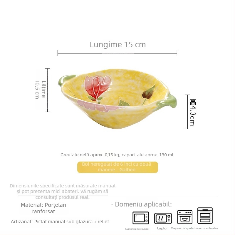 Farfurie ceramică pentru gustări și deserturi, pictură manuală subglazură cu motiv floral, formă neregulată, diametrul 15–16 cm, potrivită pentru cuptor cu microunde.