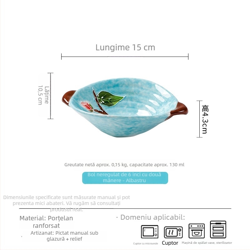 Farfurie ceramică pentru gustări și deserturi, pictură manuală subglazură cu motiv floral, formă neregulată, diametrul 15–16 cm, potrivită pentru cuptor cu microunde.